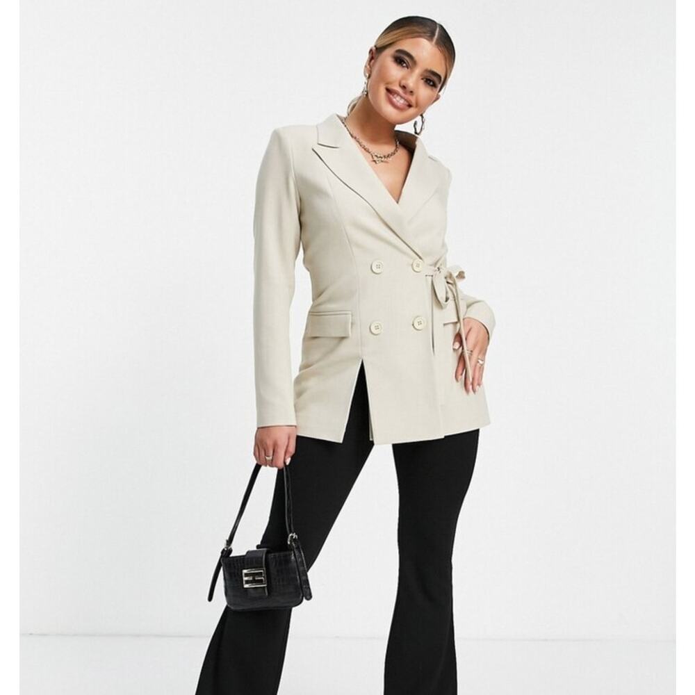 4TH & RECKLESS Tie Side Double Breasted Blazer Front Split Stone Tan Cream {B48}